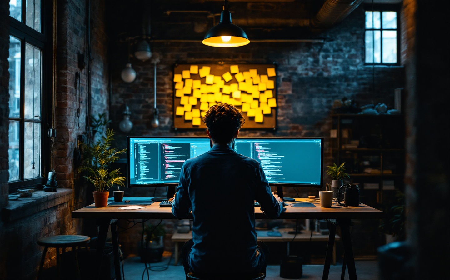 Developer coding at a terminal with a complex React dashboard visible