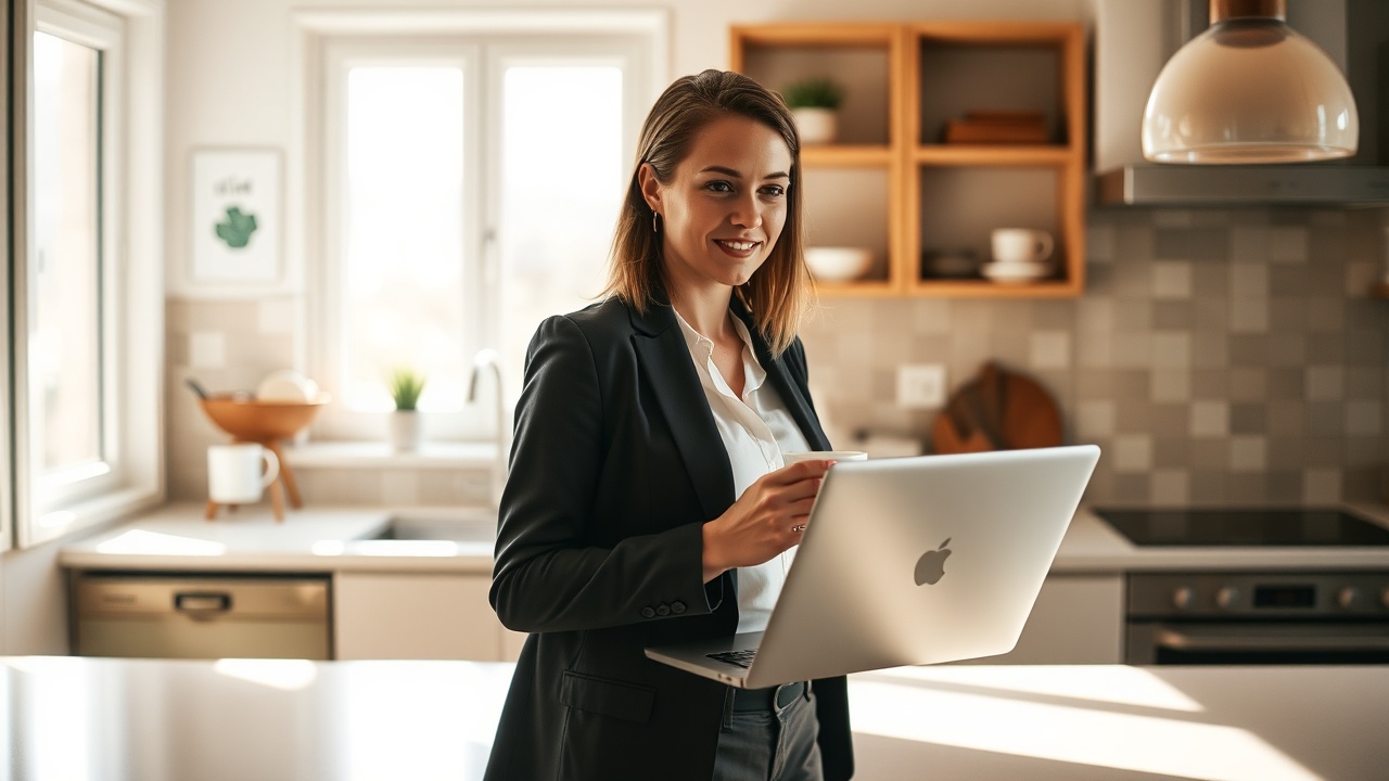 Career switcher reviewing code on a laptop in a modern workspace